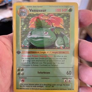 1st edition Veusaur Pokémon card.